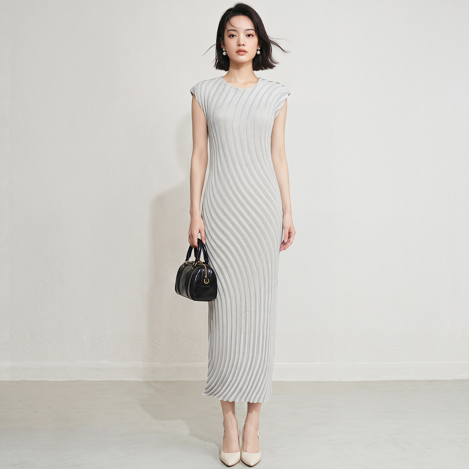 In Stock Vintage Elegant Minimalist Wave Pleat Slim Fit Office Women's Crepe Wrinkle-Free One Size Miyake Straight Midi Dress