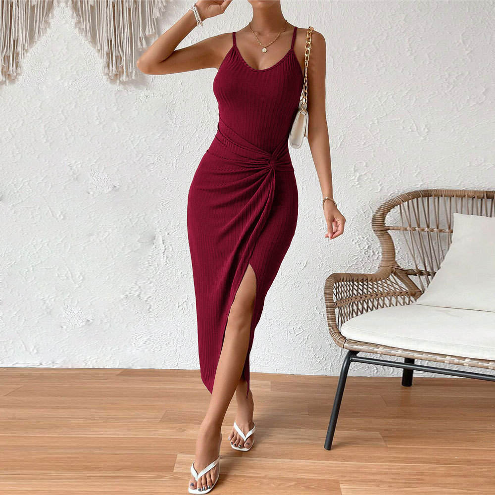 MIER 9131 Solid Knee Mini Formal V-neck Knitted A-Line Dress Outfit Slimming Elegant Eco-Friendly Comfortable Washable