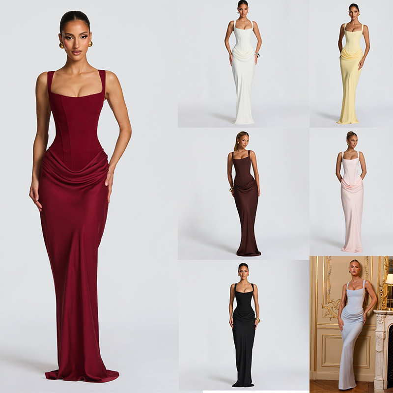 ODM OEM Custom Color Women Wide Strap Square Neck Corset Mermaid Maxi Dress Draped Chiffon Scarf Evening Party Formal Gown