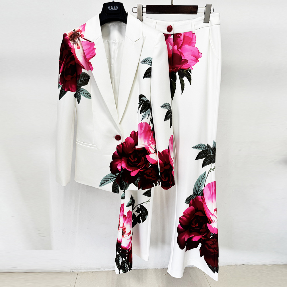 Oem Wholesale White Floral Print Blazer and Wide Leg Pants Two Piece Set Formal Business Party Suit for Women