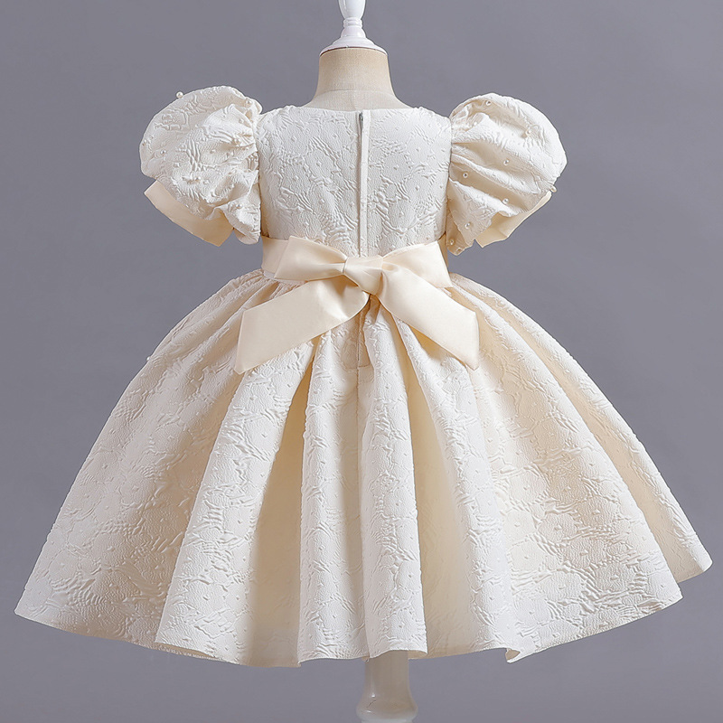Girls' Formal Dress with Bubble Sleeves Short Princess Dress Bow Tie Small Host Dress