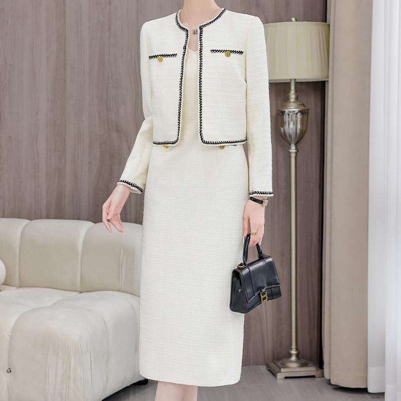 OEM Spring 100% Polyester Woven V-neck Full Sleeve Tweed Blazer Midi Solid Button Women's Casual Two-piece Sets Spring