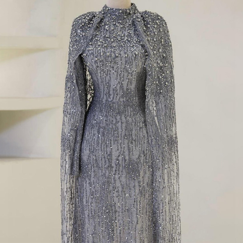 Custom OEM Women Luxury Silver Grey Full Sequin Pearl Beaded Cape Sleeve Stand Collar Modest Muslim Evening Maxi Abaya Dress