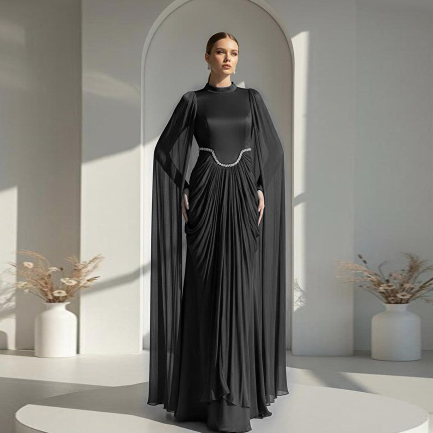 Modest Muslim Style Elegant Abaya Women Luxury Beaded Waist Chiffon Cape Sleeve Maxi Formal Gown for Wedding Party Spring