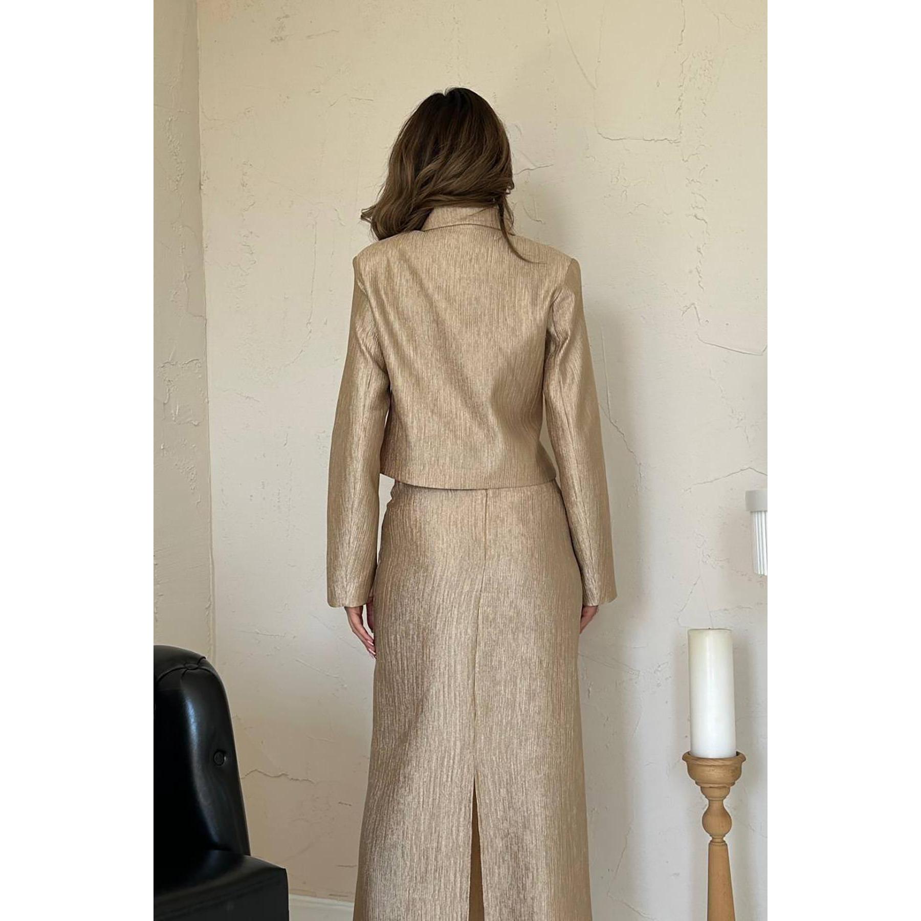 Elisa Fashion Woman Golden Satin Women's Suit Set Long Skirt and Jacket Formal Wear Elegant Style 100% Polyester