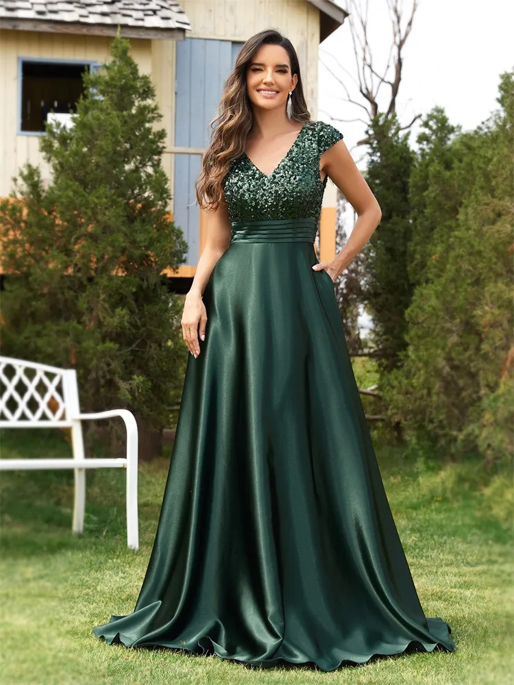 New Sequin V-Neck Satin A-Line Evening Party Dress for Women, Elegant Long Gown