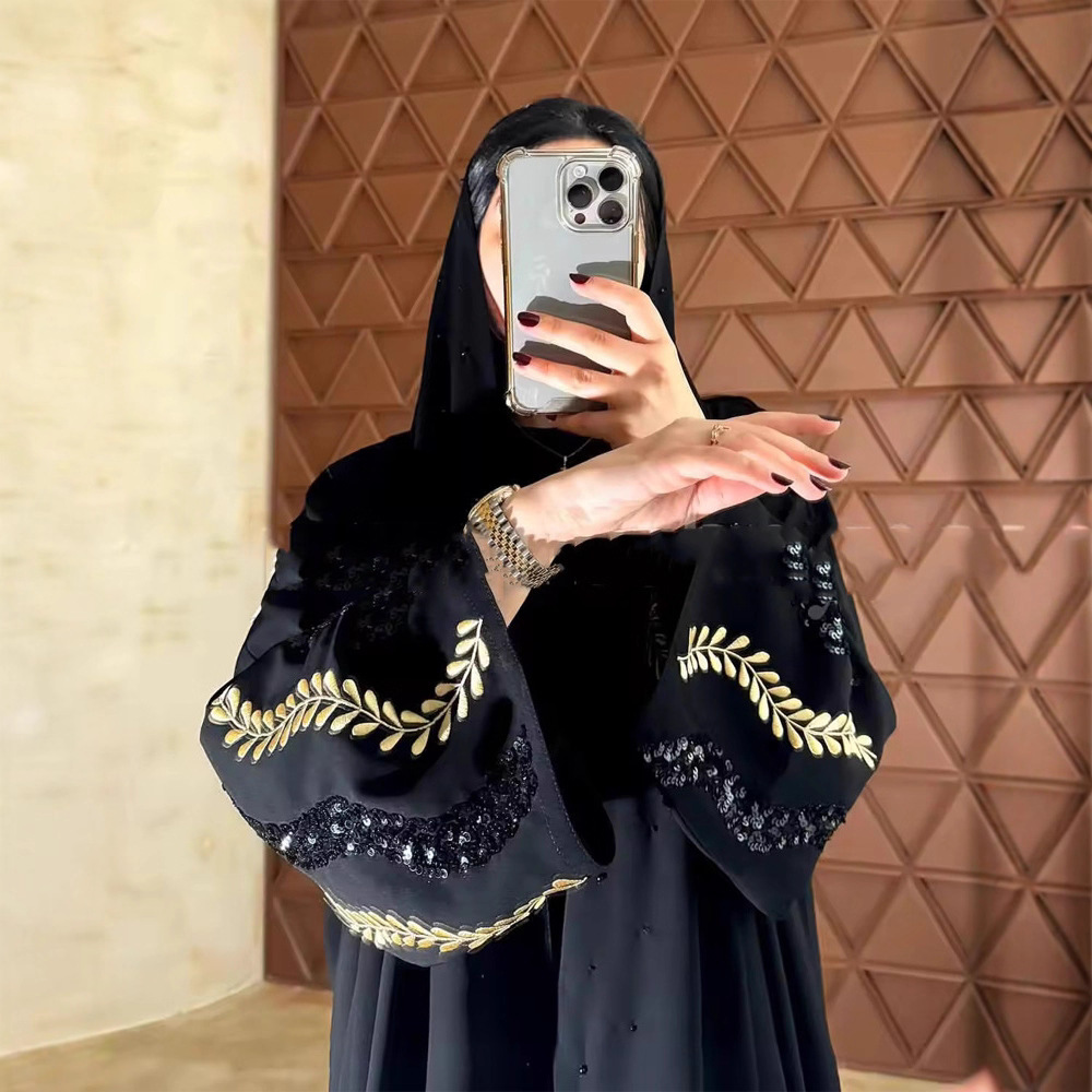 Muslim Women's Wholesale Modest Black Abaya Gold Wheat Embroidery Sequin Islamic Robe Elegant Casual Formal Wear Dress