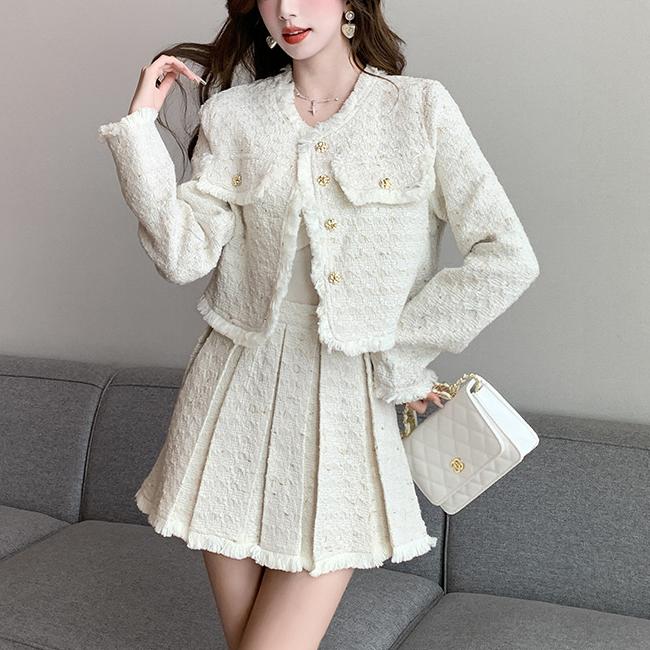 Autumn Casual Two Piece Set For Women Custom Pure Polyester Crew Neck Button Blazer Mini Pleated Skirt Solid Pink Tweed Suits