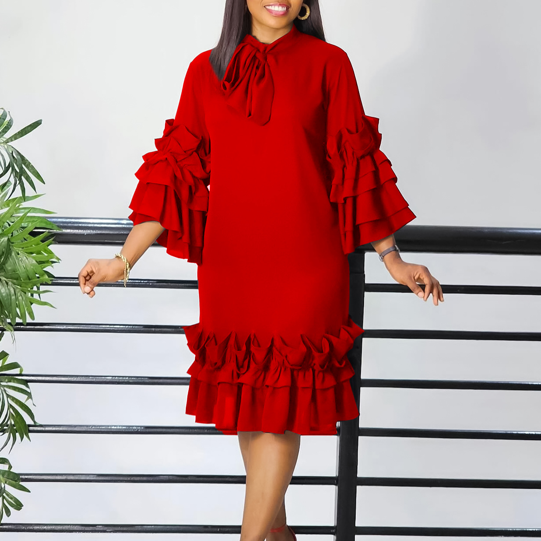 Women's 2026 Spring Elegant Tie Neck Dress 3/4 Ruffle Sleeve Solid Pattern Knee-Length Loose Fit Office Formal Wear Dresses