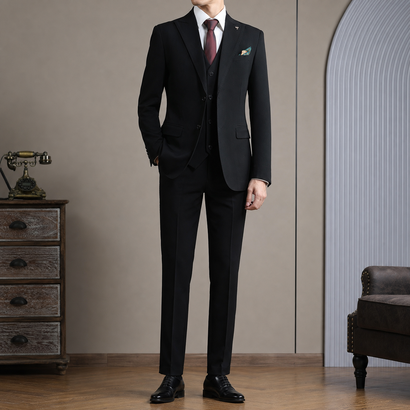 Vintage High-end 2 Button Men's Suit Set Slim Fit 3 Piece Formal Wedding Banquet Blazer Jacket Vest Pants