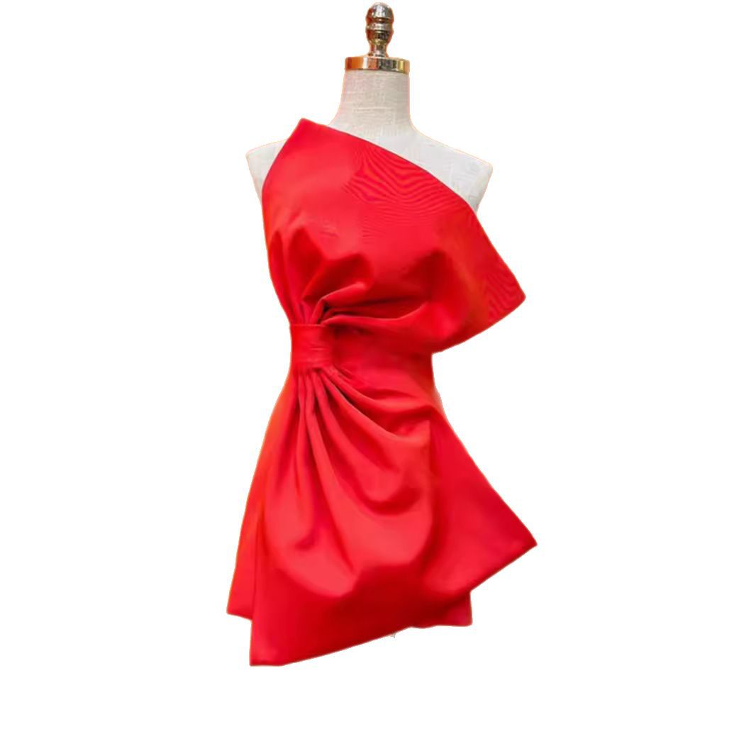 2026 Summer New Pure Color Small-Cut Butterfly Bow Formal A-Line Polyester Fiber Comfortable Evening Gown Natural Waist for