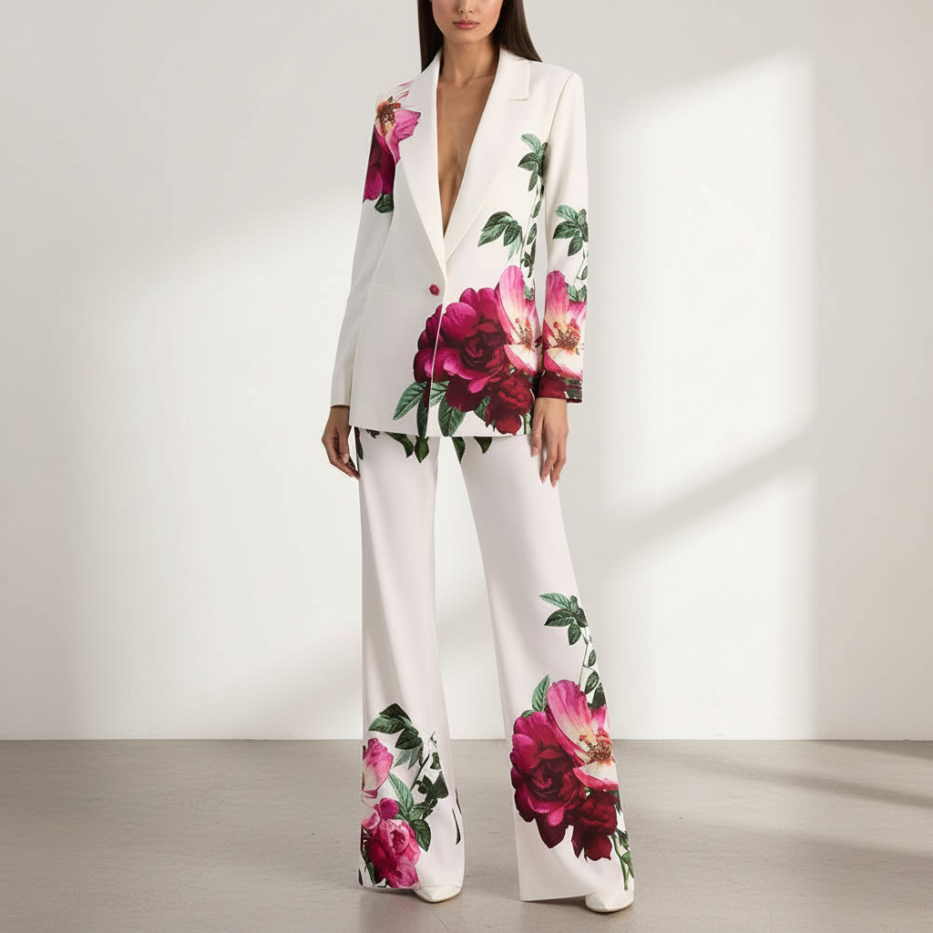 Oem Wholesale White Floral Print Blazer and Wide Leg Pants Two Piece Set Formal Business Party Suit for Women