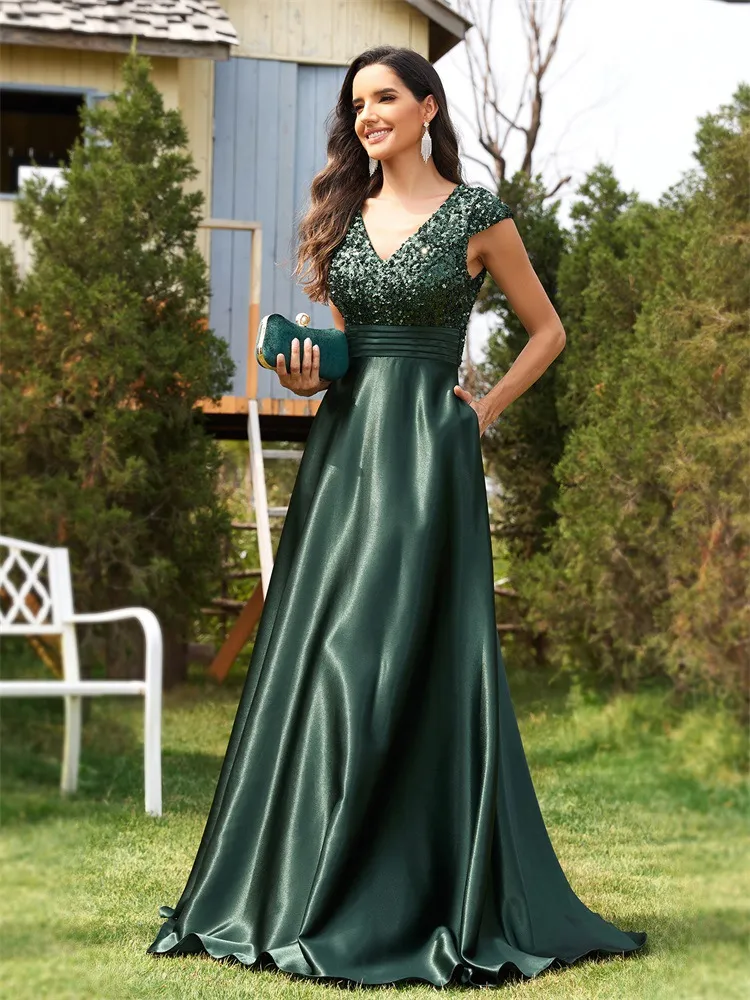 New Sequin V-Neck Satin A-Line Evening Party Dress for Women, Elegant Long Gown
