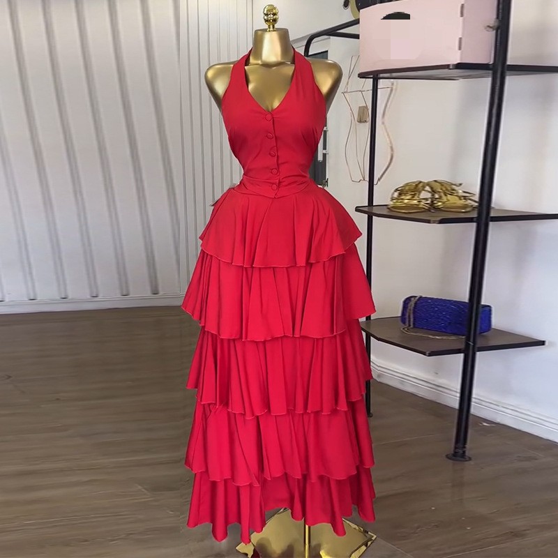 Hanging Neck Sleeveless Vest High Waist Cake Halter Skirt Women's 2 Piece Set