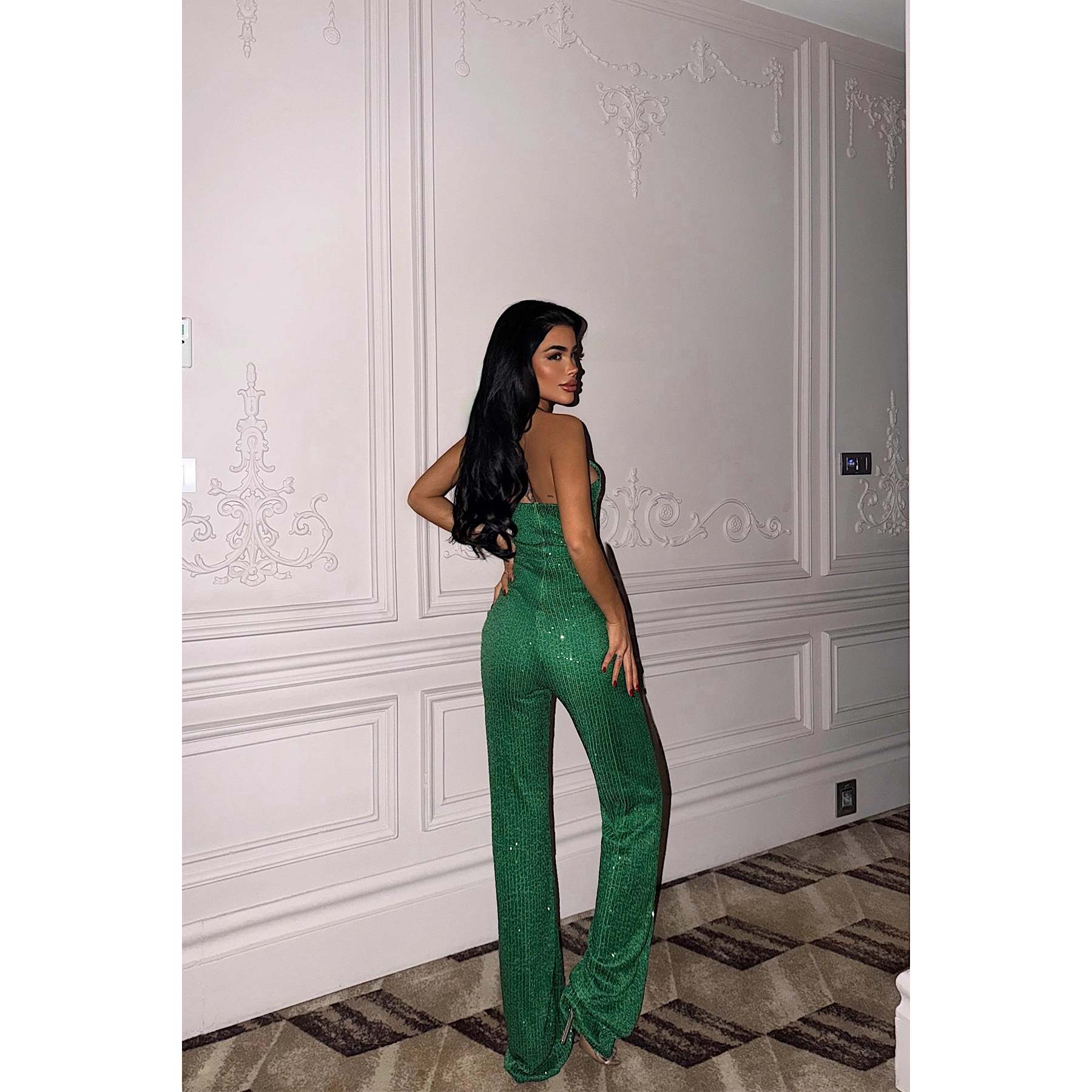 Green Glittery Strappy Evening Jumpsuit with Sequined Print Formal and Casual Style for Spring Summer Autumn and Winter