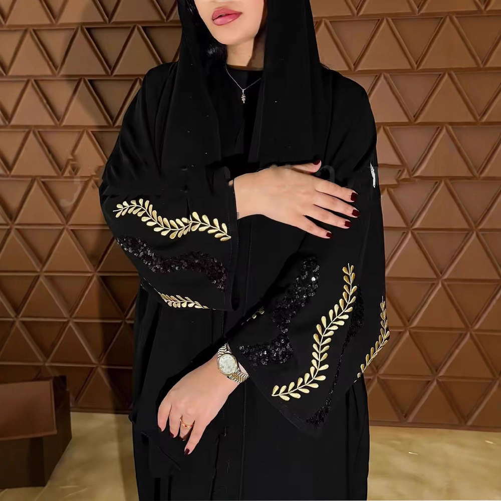 Muslim Women's Wholesale Modest Black Abaya Gold Wheat Embroidery Sequin Islamic Robe Elegant Casual Formal Wear Dress