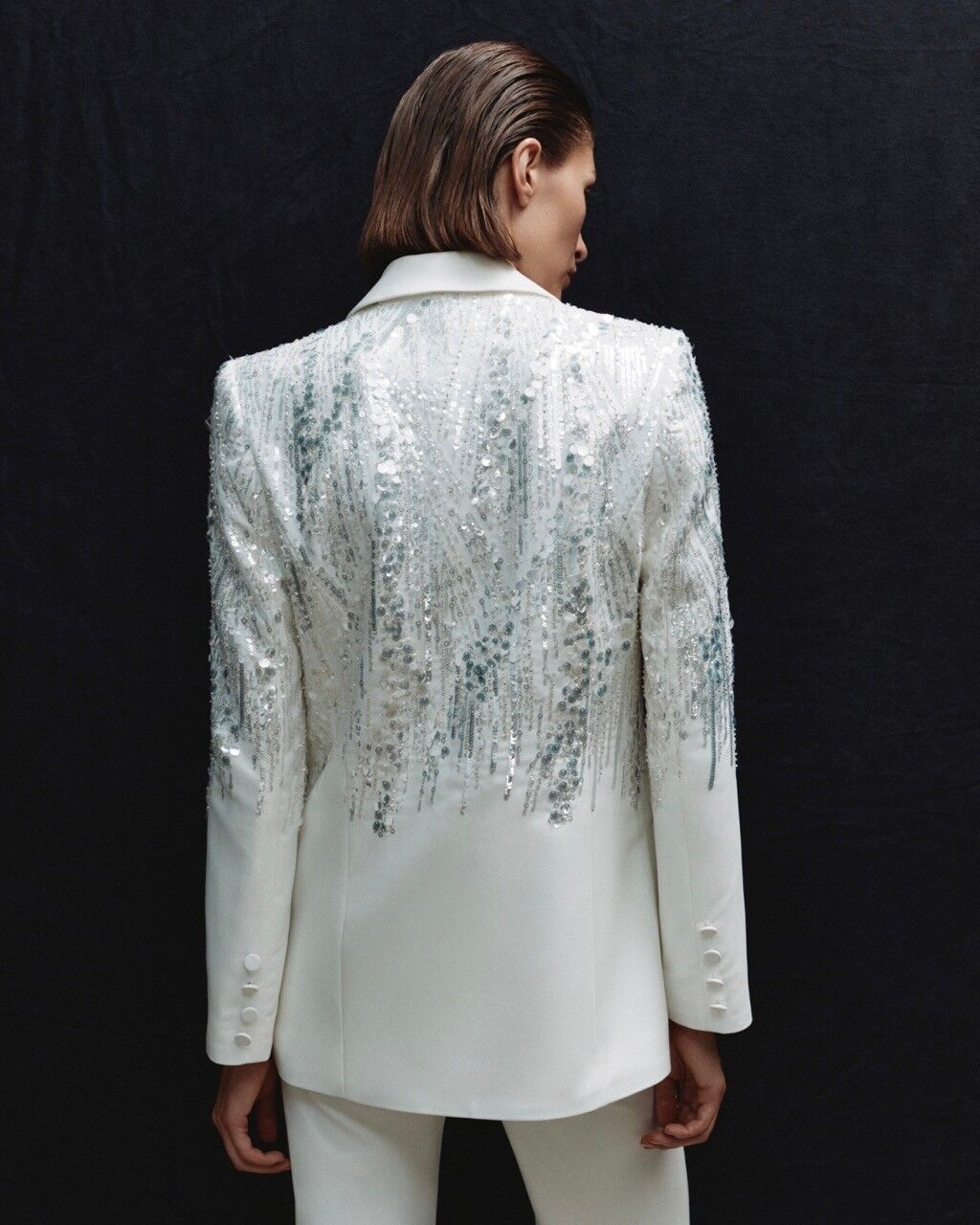 Women White Minimalist Style Blazer Suits Party Garment Long Sleeve Silver Sequined Embroidery Flare Pants Two Piece Set Outfits