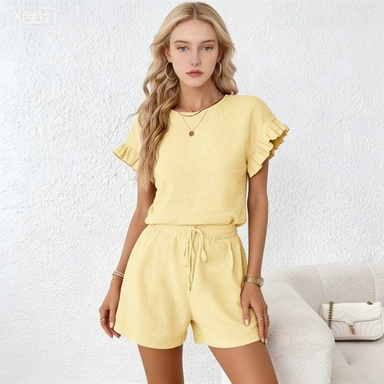 Yellow Ruffle Short Sleeve Top and Drawstring Shorts Set - Chic Women's Summer Casual Wear