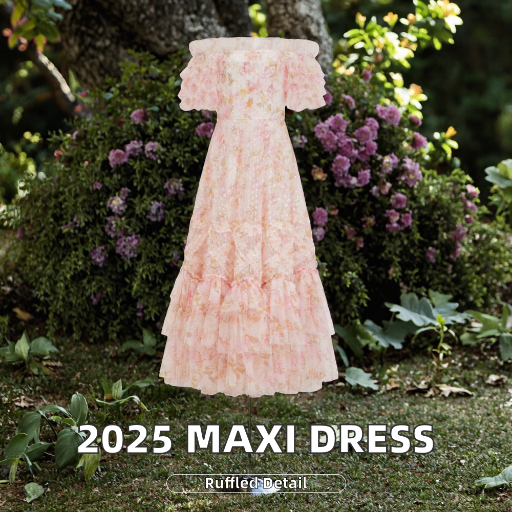 2025 Spring Collection Women's Formal Party Evening Long Dress Sexy Slash Neck Sweetheart Patterns Short Sleeve Empire A-Line