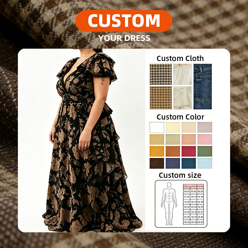 2026 Women Plus Size Black Floral Maxi Dress Elegant V-Neck Lace Trim Peplum Waist Gown Short Natural Waist OEM/ODM Factory