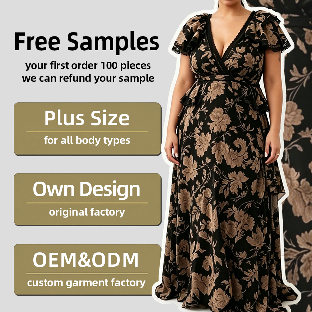 2026 Women Plus Size Black Floral Maxi Dress Elegant V-Neck Lace Trim Peplum Waist Gown Short Natural Waist OEM/ODM Factory