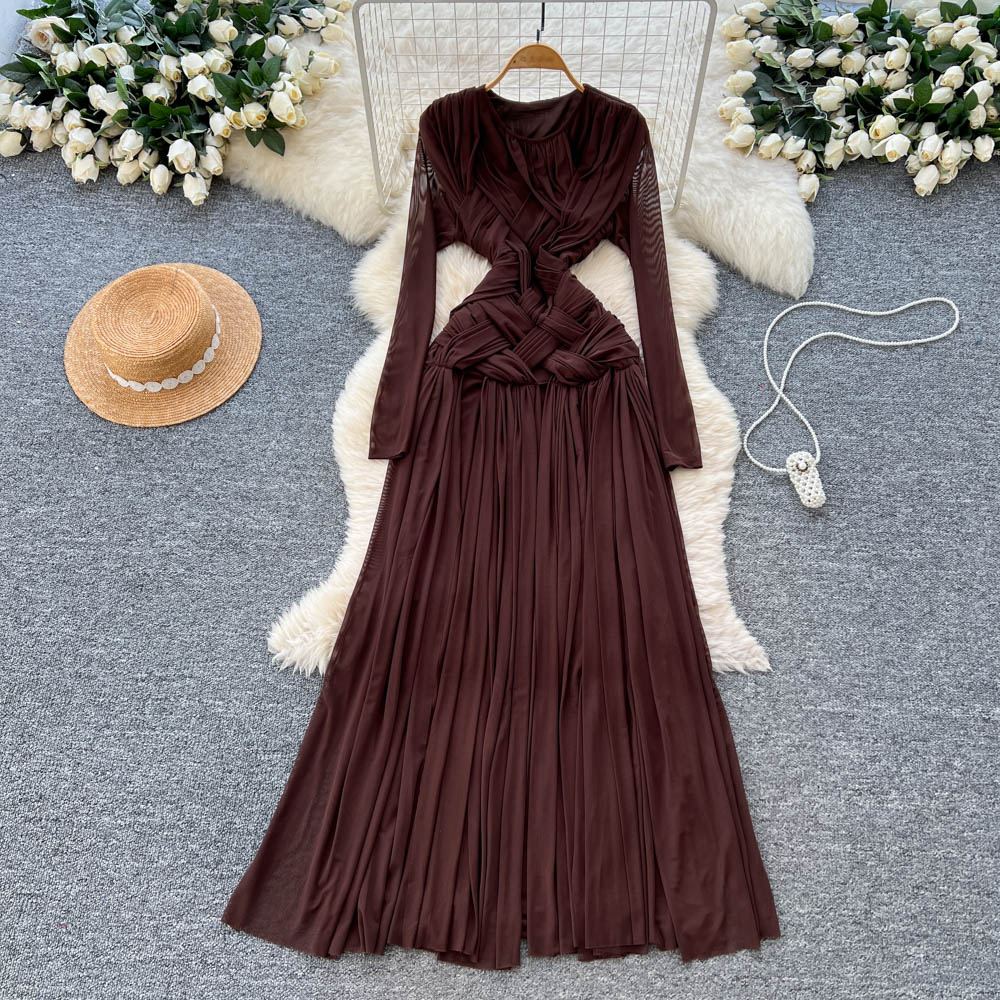 2025 Solid Digital Luxury Elegant Maxi Gown Women's Fashion Designer Long Sleeve Belted Slim Anti-Wrinkle Breathable Formal