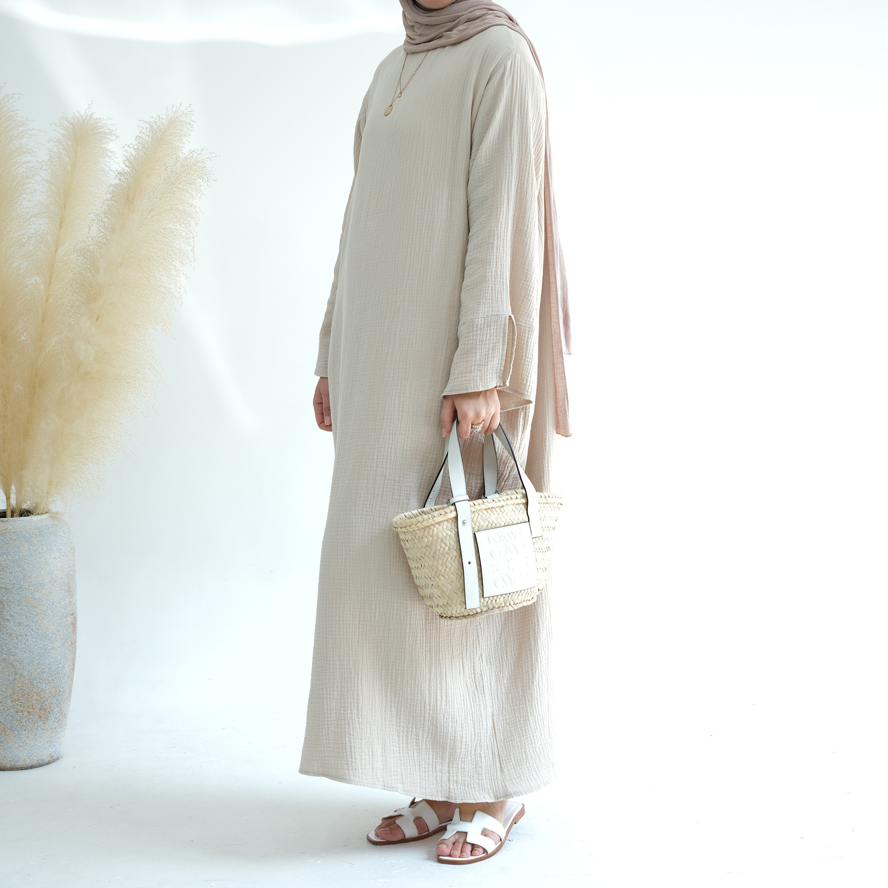 Pure Color Slit Cuff O Neck Crepe Cotton Fabric Muslim Woman Winter Autumn Modest Abaya on Sale