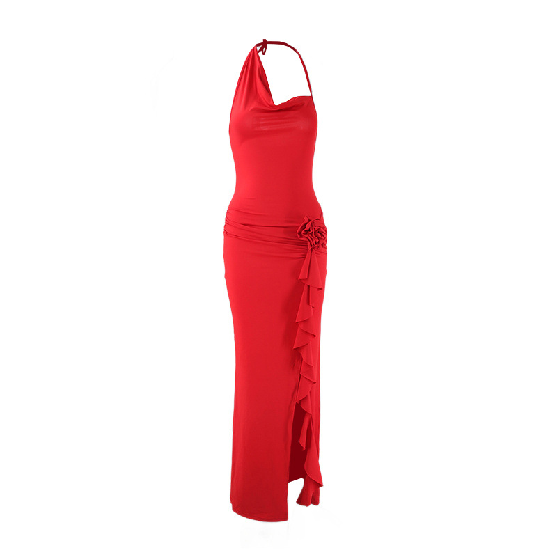 Sexy Niche Irregular Hanging Neck Slim Split Formal Evening Dress Women's Wholesale Quick Dry Polyester Spandex