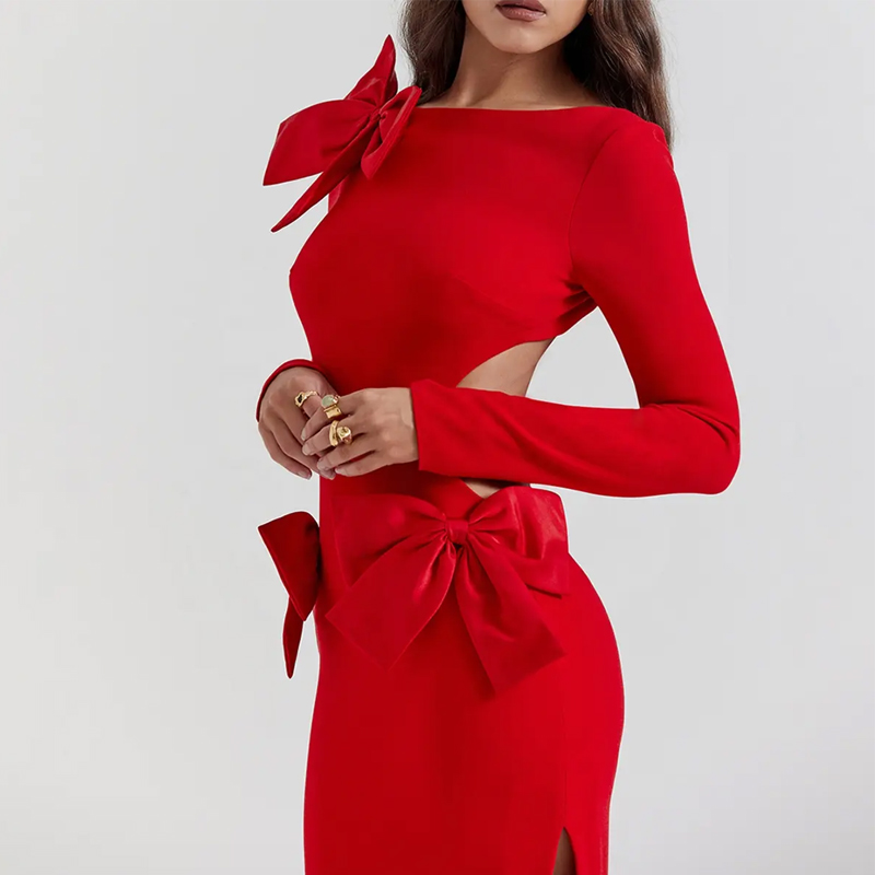 GS Elegant Red Bow Maxi Dress - Eye-Catching Formal Attire for Red Carpet Events