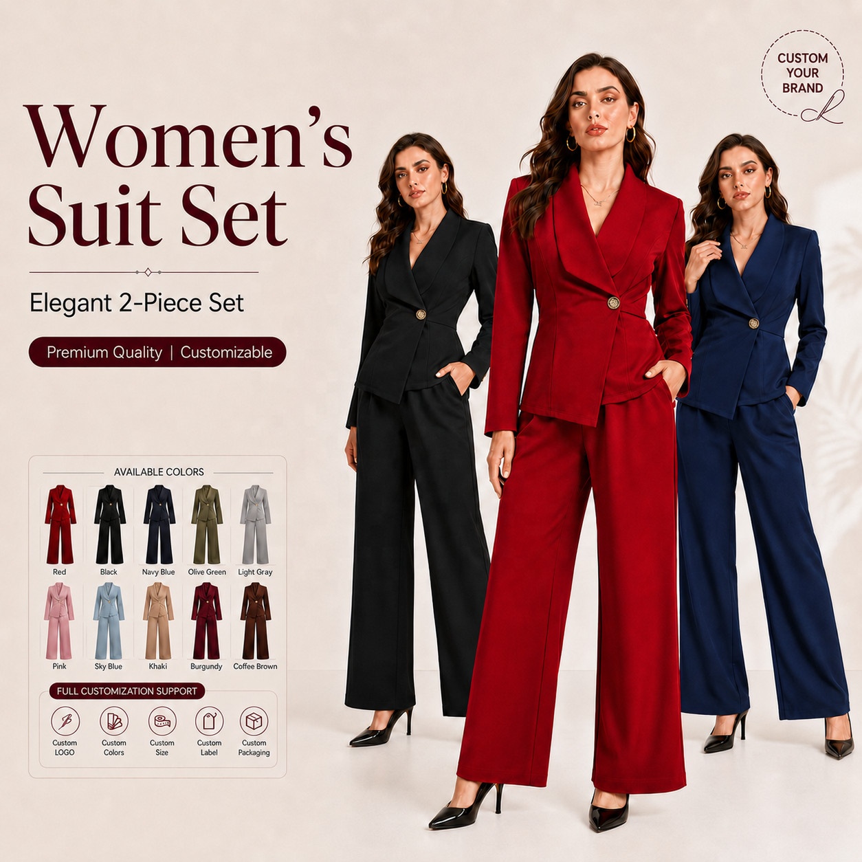 Elegant Women's Suit Set Fashion Long Sleeve Asymmetric Blazer and Straight Leg Pants Two Piece Set for Business Office Wear