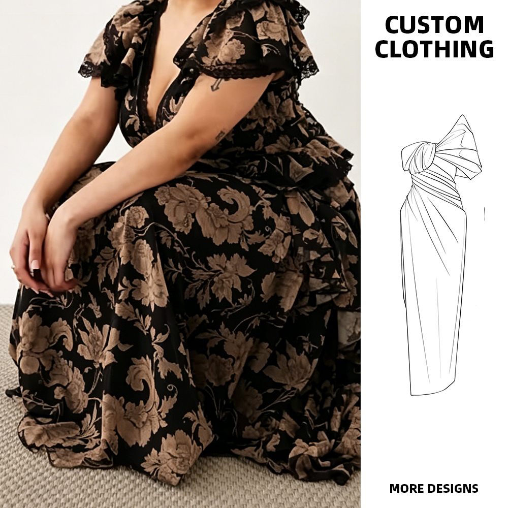 2026 Women Plus Size Black Floral Maxi Dress Elegant V-Neck Lace Trim Peplum Waist Gown Short Natural Waist OEM/ODM Factory