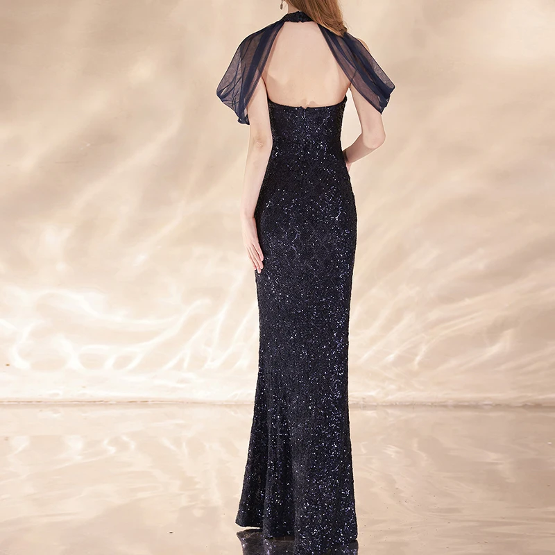 Dresses Women Lady Elegant Style 2025 Custo One Shoulder Formal Flounce Hem Slit Luxury Evening Halter Sequin Maxi Mermaid