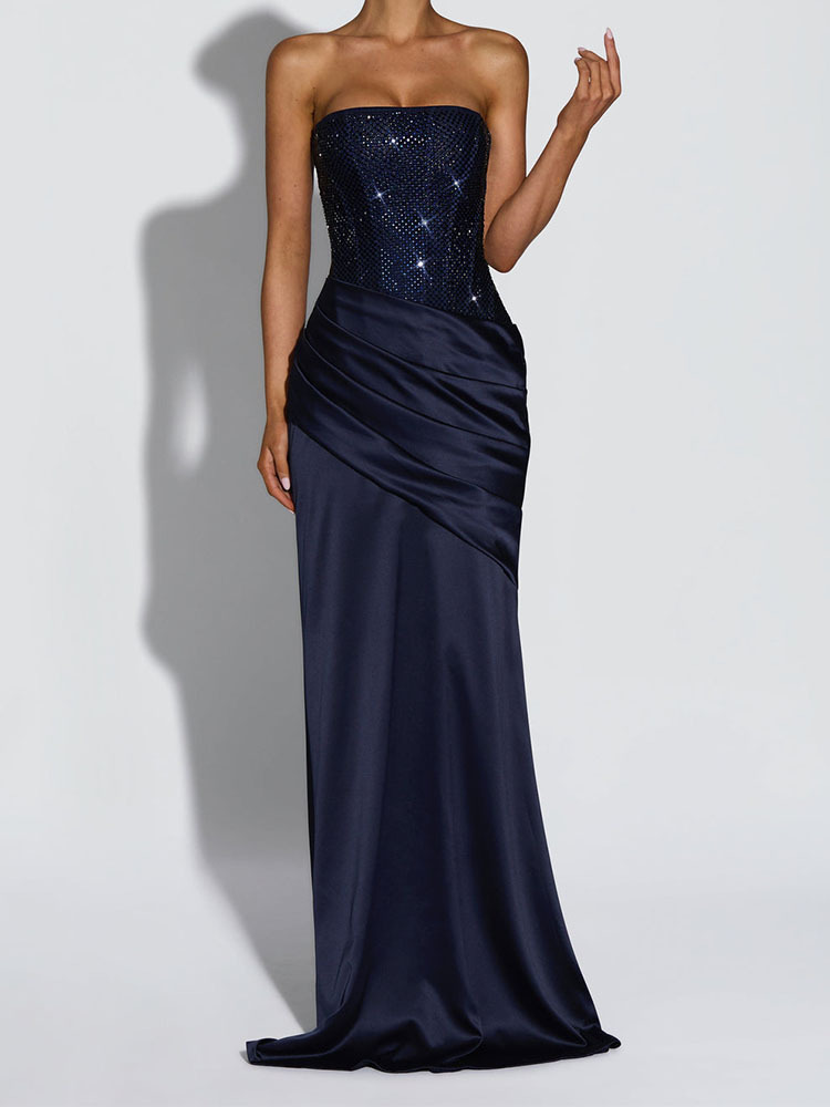 CustomLuxury Sequin Satin Mermaid Dress with Lace up Back Design Strapless Evening Gown for Elegant Party and Red Carpet Wear