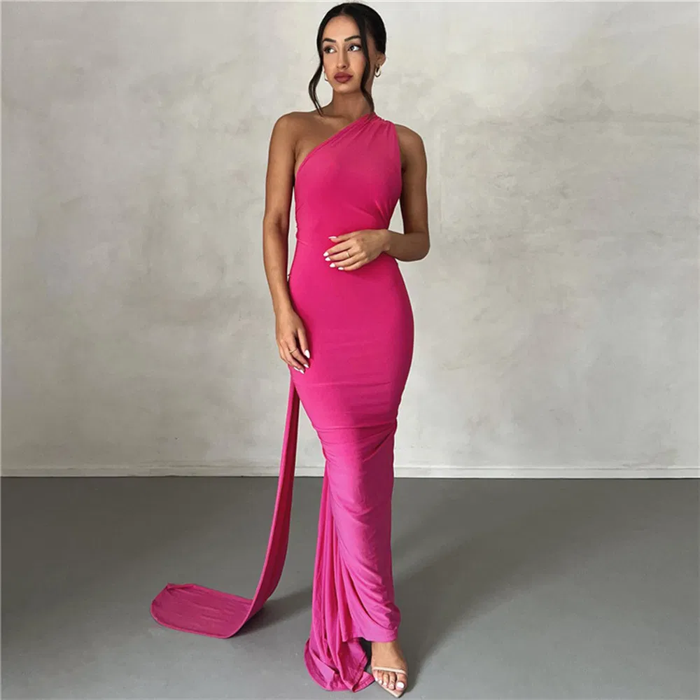 Trendy Deep Back Long Dress Women Chic Stretchy Fabric Cocktail Party Wear