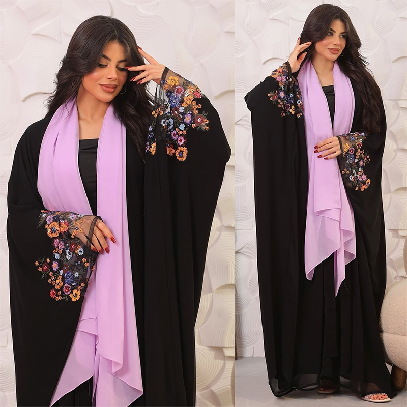 Modern Elegant Modest Muslim Fancy Hand Work Party Wear Abaya Style Black-Pink Floral Embroidered Dubai-Accessory Included