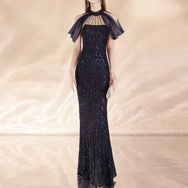 Dresses Women Lady Elegant Style 2025 Custo One Shoulder Formal Flounce Hem Slit Luxury Evening Halter Sequin Maxi Mermaid