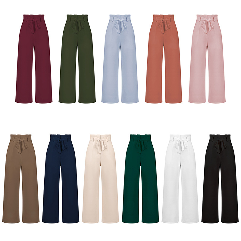 Work Wear Lady Fashion High Waist Zipper Belt Wide Leg Trousers Pants Women Straight Casual Office Formal Pants