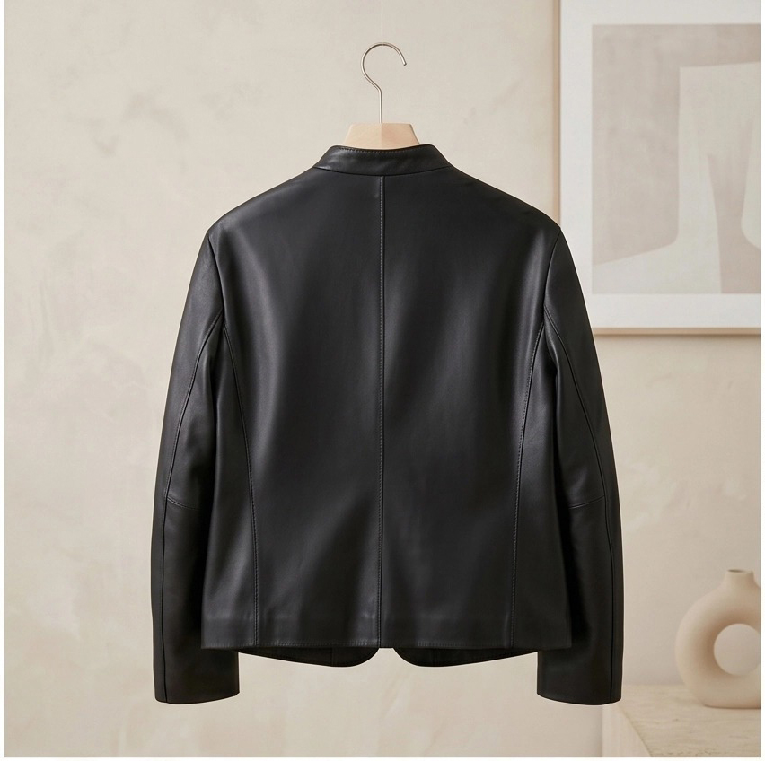 New Arrival Women Black Lambskin Leather Jacket Stand Collar Minimalist Outerwear for Casual &amp; Formal