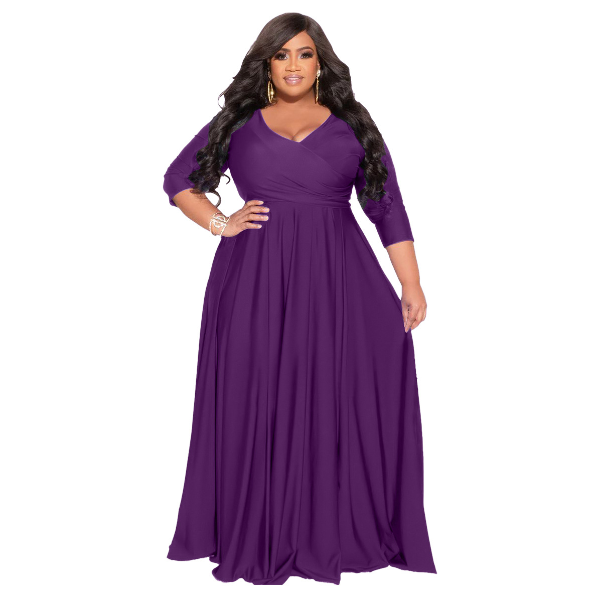 2024 Hot Selling Oversized Plus Size Lady Women's Clothing Solid Color V-neck Sexy Wedding Formal Dress