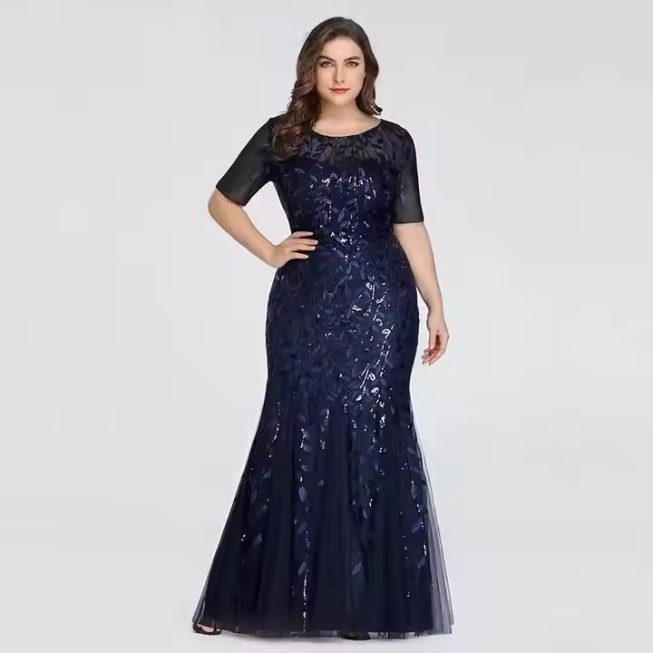 Women Elegant Party Prom Gowns Short Sleeve Beaded Leaves Pattern Formal 2025 Plus Size Sequin Mesh Mermaid Slim Evening Dress