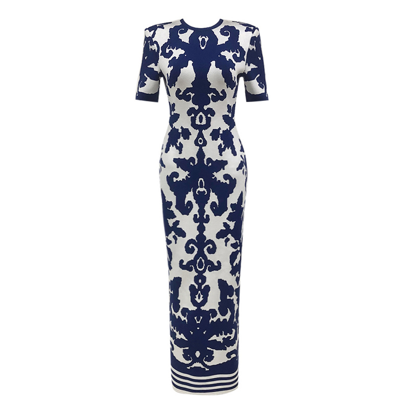 C3660 New Style Collection Retro Printed Bandage Dress Short Sleeve Slim Elegant Evening Floor Length Women's Dresses