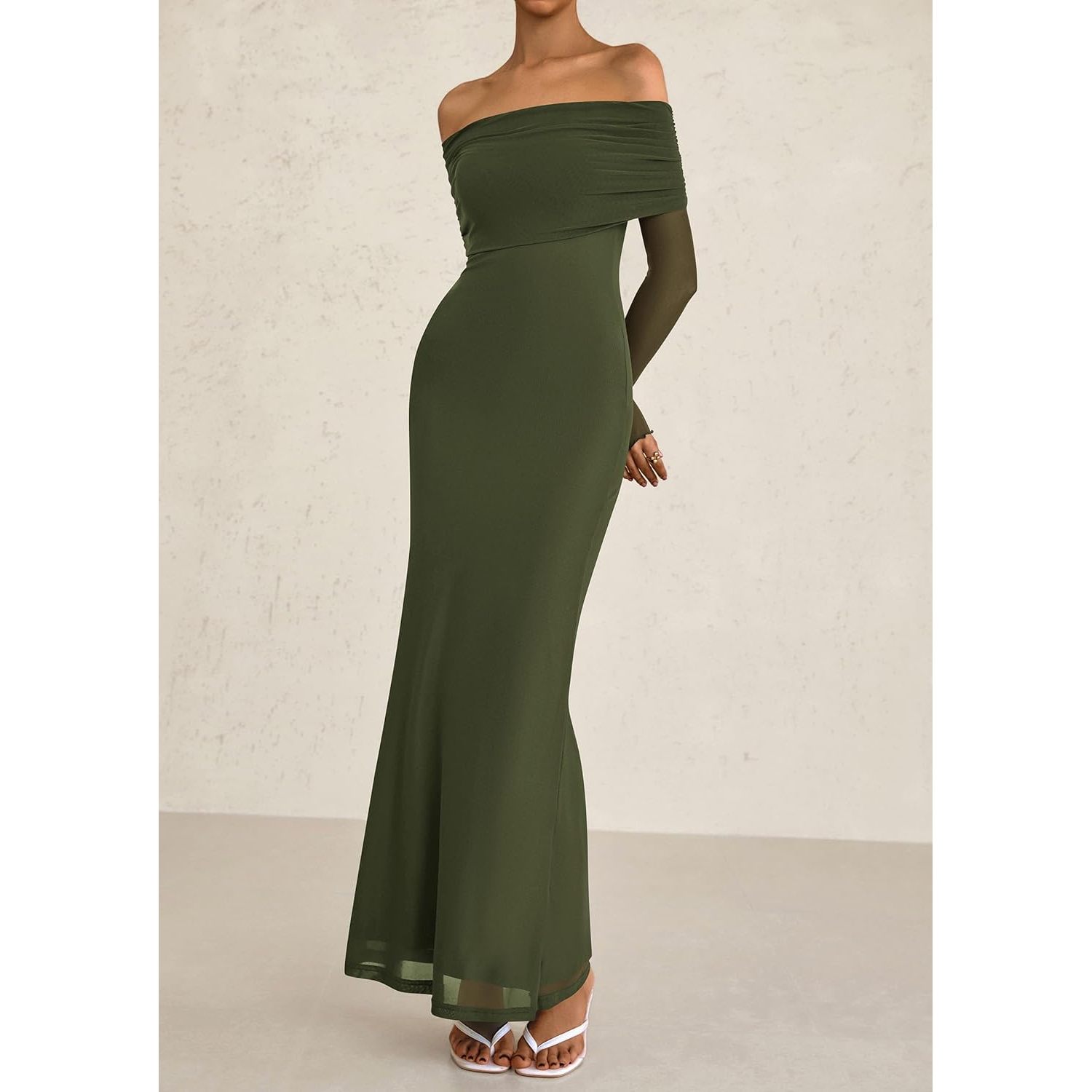 Custom Elegant Shoulder Long Sleeve Formal Wedding Guest Bodycon Maxi Dress