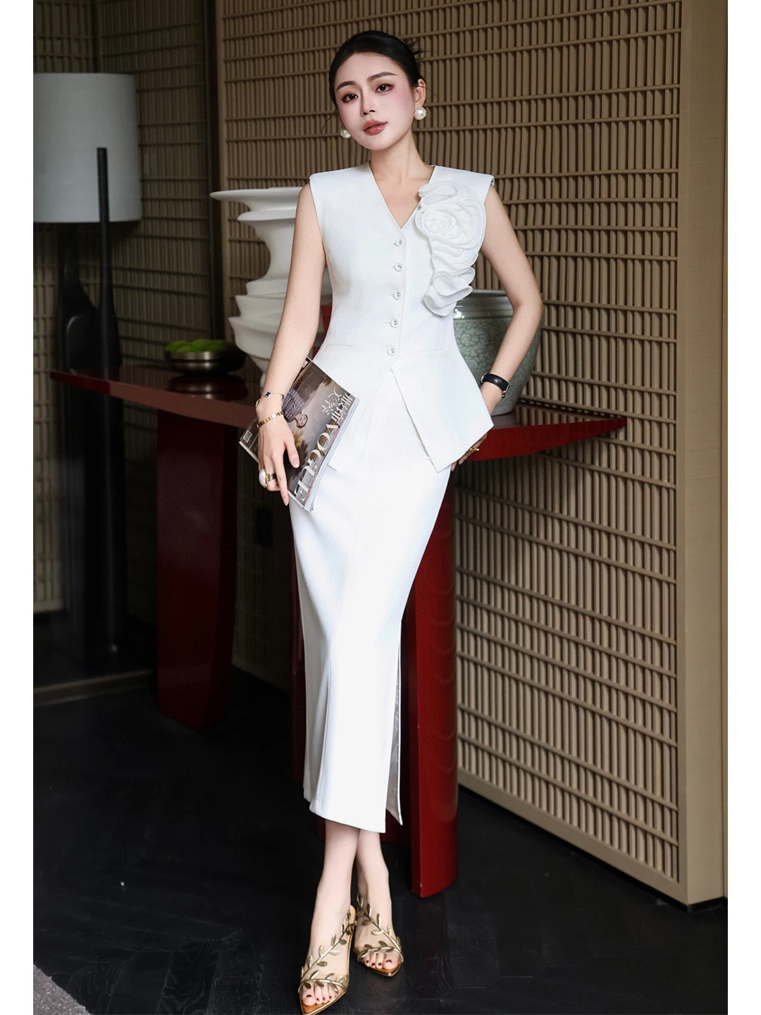 2026 Summer Luxury Exquisite Floral Mid-Length Sleeveless Top Knee Skirt Set Women Spring/Summer Workplace Formal Worsted