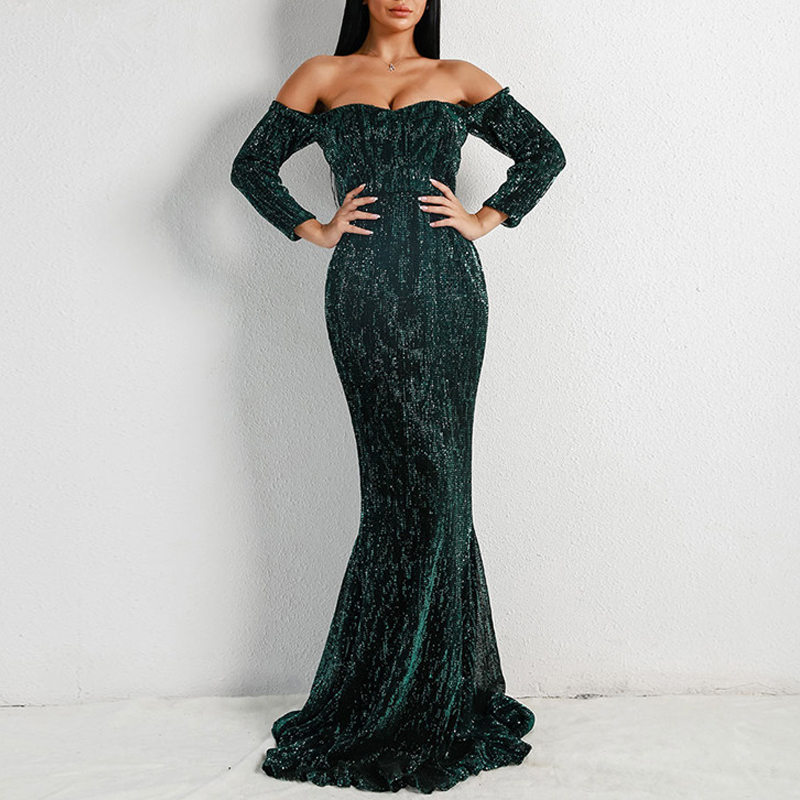 Red Carpet Dress Feminine V-neck Long-sleeved Off-shoulder Glitter Party Ball Gown Evening / Formal Dresses Women Clothes Adults