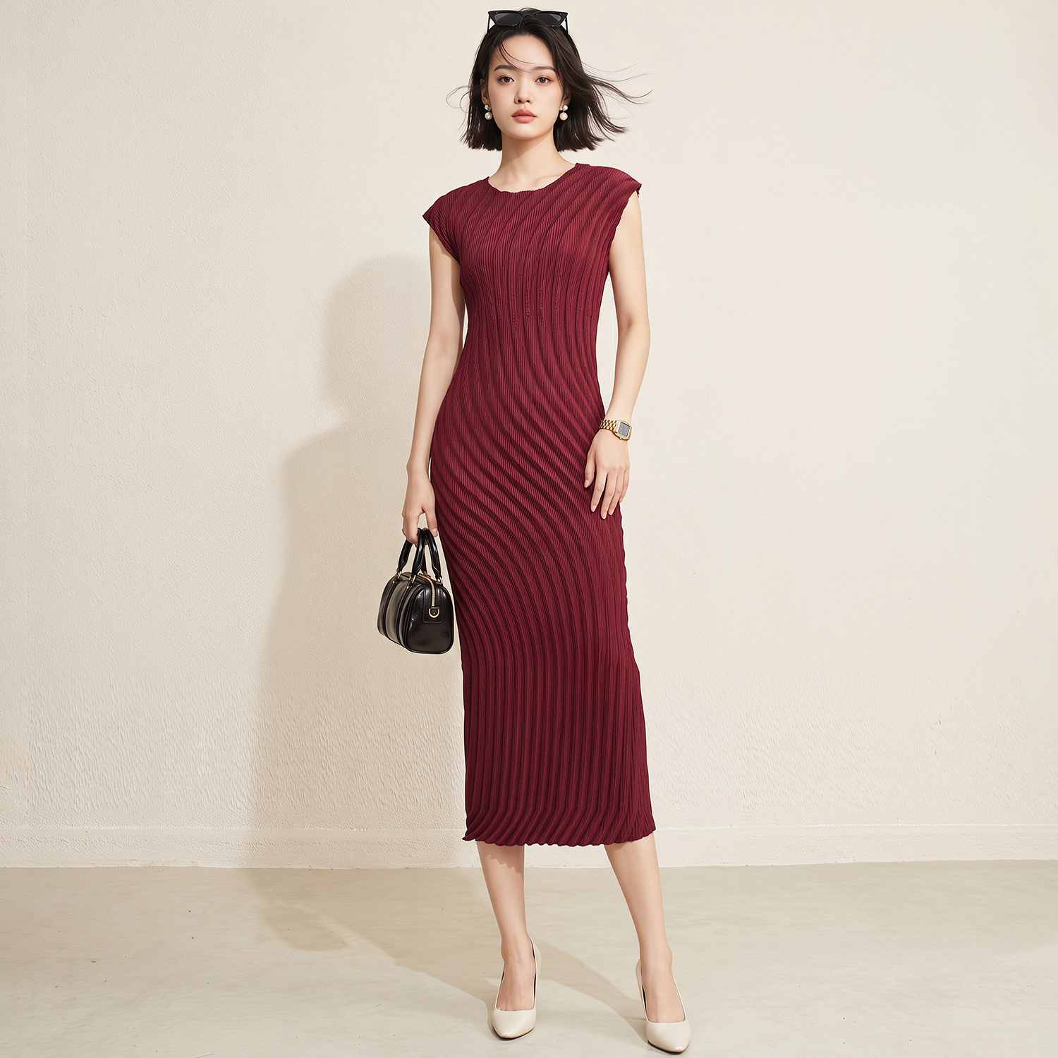 In Stock Vintage Elegant Minimalist Wave Pleat Slim Fit Office Women's Crepe Wrinkle-Free One Size Miyake Straight Midi Dress