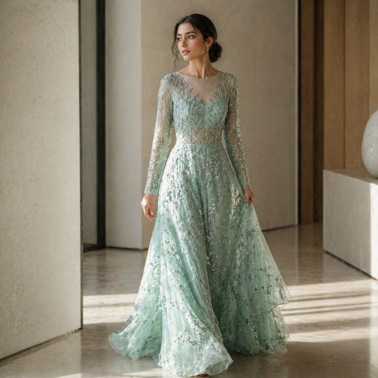 Luxury Modern Long Sleeve Embroidered Sequin Tulle A-Line Evening Gown | Natural Waist Women's Formal Wear Designer 2026 New