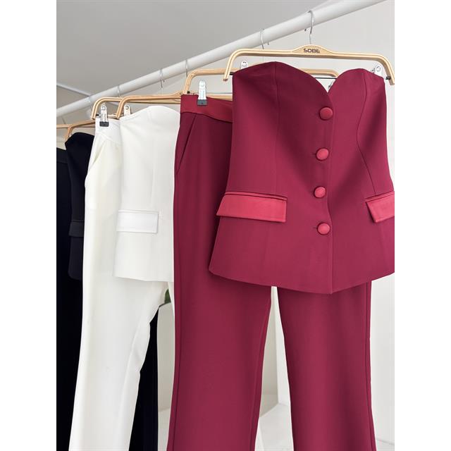 Sobe Women's ECRU Satin Suit Set Two Piece Blazer Pants Formal Wear with Needle Detection Model 10024