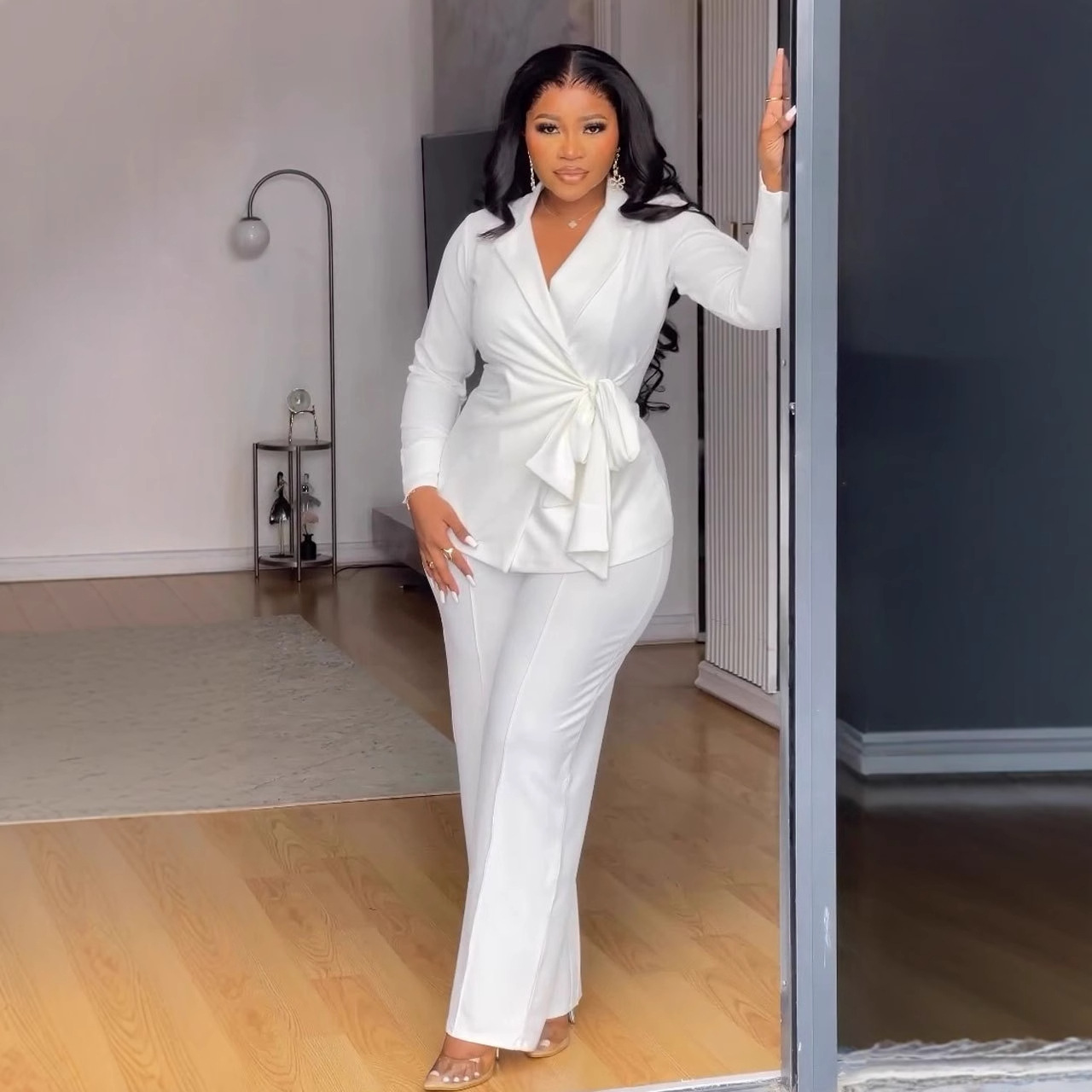 Women's Plus Size One-Set Formal Office Costume Suit Solid Knitting Fabric Top Clothing