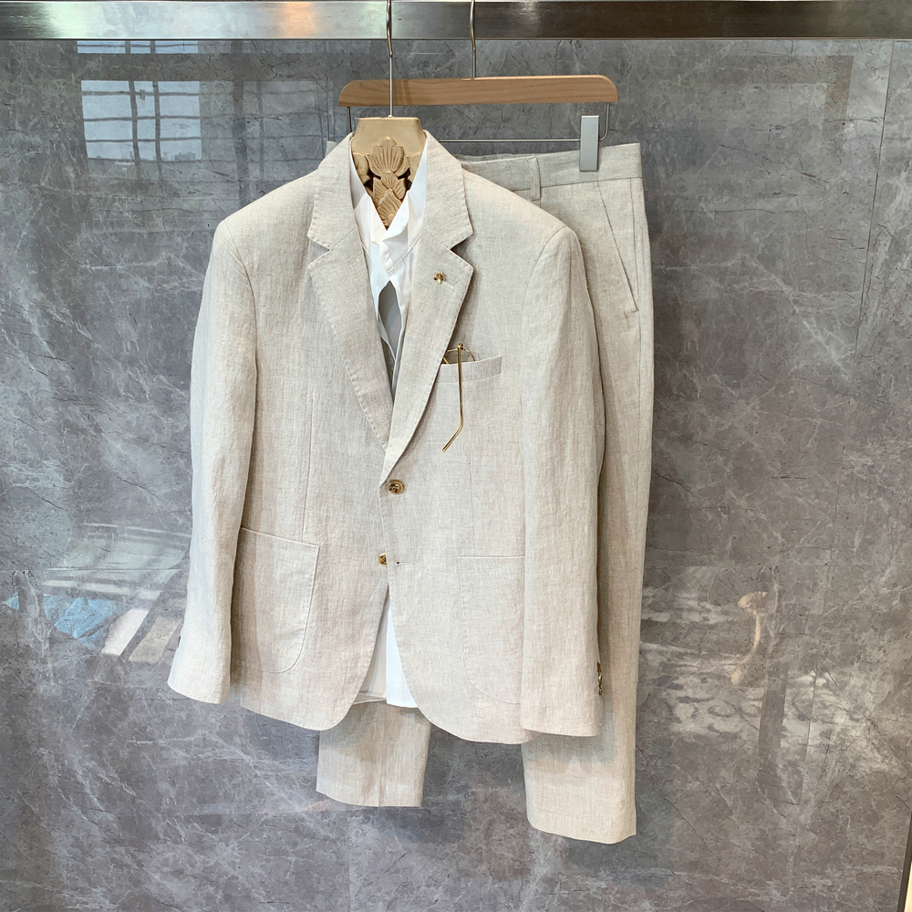 Lightweight Linen Suit for Men Single-Breasted Summer Wedding Suit Set with Casual Blazer | Solid Color Formal Groomsmen Attire