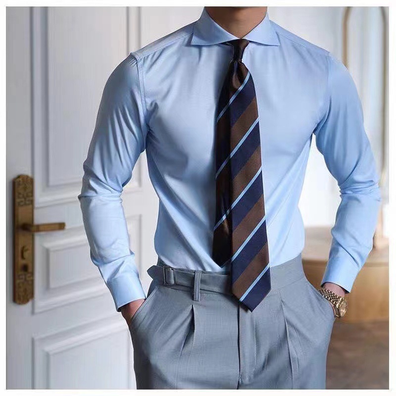 One-character Turn-down Collar Poplin 100% Polyester Business Loose Fit Formal Long-sleeved Men's Dress Shirt for Office